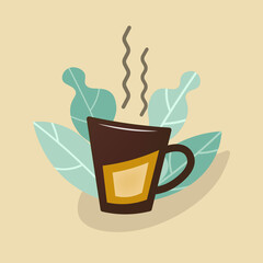 A cup of hot coffee on a light background. Coffee logo. Modern icon. The symbol of invigorating drinks is tea and coffee. Vector composition decorated with leaves for cafes, bars, networks.