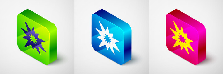 Isometric Bomb explosion with shrapnel and fireball icon isolated on grey background. Square button. Vector