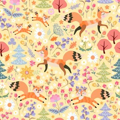 Obraz premium Cute seamless pattern with foxes, flowers, leaves and trees. Fairytale forest. Beautiful vector illustration for children.