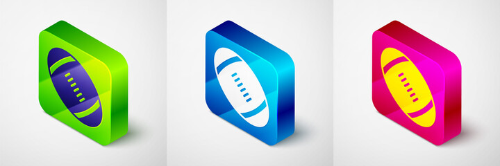 Isometric American Football ball icon isolated on grey background. Rugby ball icon. Team sport game symbol. Square button. Vector