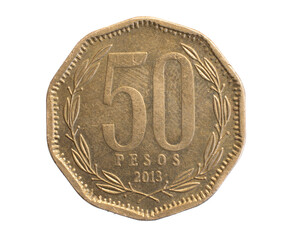 Chile fifty pesos coin on a white isolated background