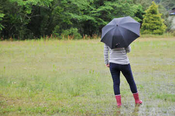 雨の中を傘をさし長靴を履いて歩く