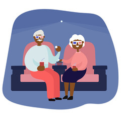 Vector illustration. Couple of seniors in cinema. Black grandfather and grandmother.