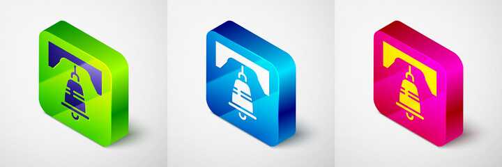 Isometric Liberty bell in Philadelphia icon isolated on grey background. Square button. Vector