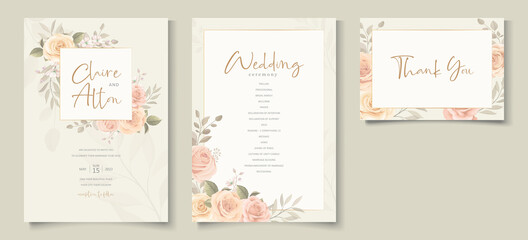 Elegant wedding invitation template with peach color floral theme