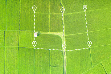 Land plot in aerial view. Gps registration survey of property, real estate for map with location, area. Concept for residential construction, development. Also house for sale, buy, investment.
