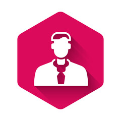 White Worker icon isolated with long shadow background. Business avatar symbol user profile icon. Male user sign. Pink hexagon button. Vector