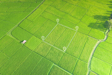 Land plot in aerial view. Gps registration survey of property, real estate for map with location, area. Concept for residential construction, development. Also home or house for sale, buy, investment.