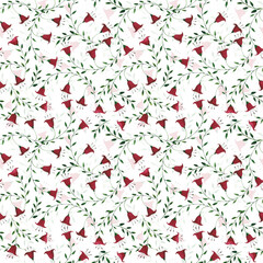 Watercolor bellflower seamless pattern on white background. Dark red flowers and green leaves ornament. Campanula design element for fabric, textile, wallpaper, wrapping paper and decoration.