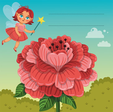 Cute fairy character with a big flower and an empty text area. Vector illustration. Sticker and label for kids.