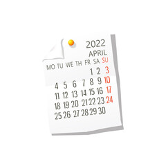 Naklejka na ściany i meble 2022 April vector calendar