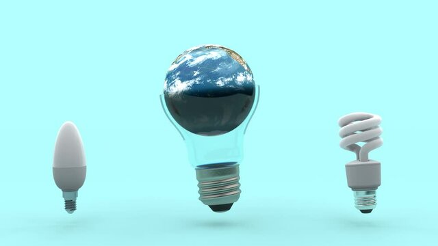 Loop 3d animation of daylight light bulbs. Incandescent light bulb with the planet Earth. The idea of clean electricity, renewable energy sources.
