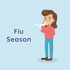 Runny nose Cold or flu virus symptom Girl Blowing their nose medical treatment healthcare illustrations