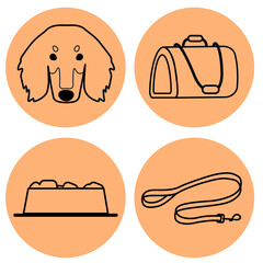 Set of flat linear icons. Dog icon. Dachshund, leash, bowl, carry. Covers for relevant Instagram stories. Stylish vector illustration in flat cartoon style.