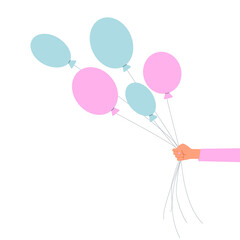 Stylish hand holds 5 blue and pink balloons. Vector illustration in a flat style. Holiday.