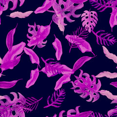 Purple Monstera Pattern Garden. Blue Seamless Leaf. Pink Watercolor Background. Indigo Tropical Foliage. Violet Floral Print.Neon Summer Texture.Vintage Wallpaper.