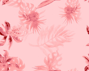 Coral Monstera Wallpaper. Blur Watercolor Illustration. Pink Banana Leaf Textile. Fuchsia Seamless Textile. Pattern Palm. Tropical Textile. Vintage Wallpaper.