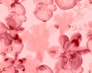 Blur Botanical Palm. Fuchsia Orchid Design. Coral Hibiscus Illustration. Pink Flower Wallpaper. Watercolor Design. Seamless Palm. Pattern Leaf. Art Foliage.