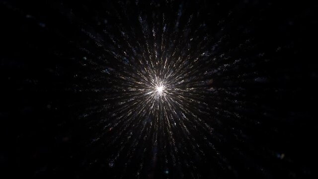 White silver glowing light sparkling magical dust particles in star shape. 4K 3D seamless loop animation glitter abstract background for celebration with light and shine in center. Stage event BG.