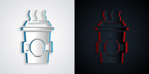 Paper cut Coffee cup to go icon isolated on grey and black background. Paper art style. Vector