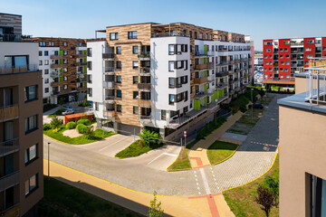 Multi-family building, aerial view. Viaw of block of flats in suburban area.