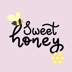 Sweet Honey handwriting with bee, isolated on yellow background , Vector Illustration EPS 10