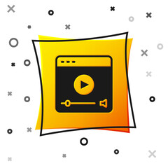 Black Online play video icon isolated on white background. Film strip with play sign. Yellow square button. Vector
