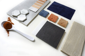 Moodboard. Material samples. Blue, red, orange, black, light wood.A spoonful of red color
