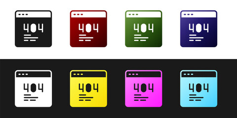 Set Page with a 404 error icon isolated on black and white background. Template reports that the page is not found. Vector