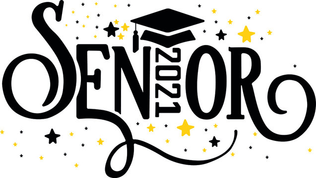 Senior 2021. Vector illustration calligraphy. Star, cap, hat. Logo, symbol, banner, ceremony. 