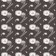Seamless square sushi pattern asian food isolate on gray background. Digital art. Print for cafe, menu, product packaging, brand, restaurant, bar, textiles
