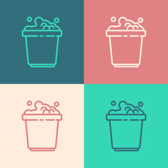 Pop art line Bucket with soap suds icon isolated on color background. Bowl with water. Washing clothes, cleaning equipment. Vector Illustration