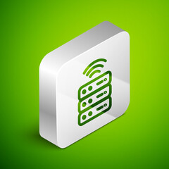 Isometric line Smart Server, Data, Web Hosting icon isolated on green background. Internet of things concept with wireless connection. Silver square button. Vector