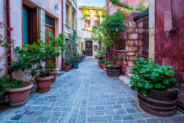 Fototapeta na wymiar Scenic picturesque streets of Chania venetian town. Chania, Creete, Greece