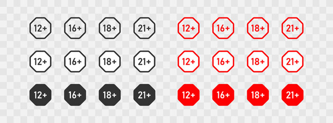 Age limit. Big set icons 12, 16, 18 and 21 plus. Black andred button. Vector isolated