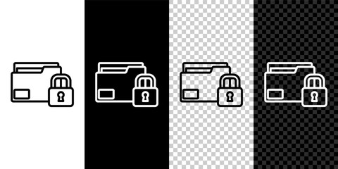 Set line Folder and lock icon isolated on black and white background. Closed folder and padlock. Security, safety, protection concept. Vector