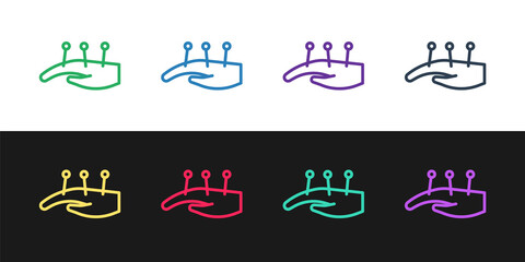 Set line Acupuncture therapy on the hand icon isolated on black and white background. Chinese medicine. Holistic pain management treatments. Vector