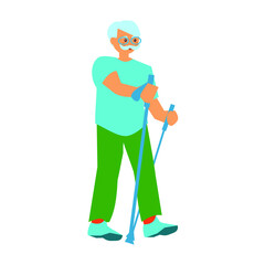 Old man Hiking Nordic Walking pensioner Flat vector illustration