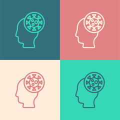 Pop art line Human and virus icon isolated on color background. Corona virus 2019-nCoV. Bacteria and germs, cell cancer, microbe, fungi. Vector.