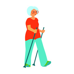 Old woman Hiking Nordic Walking pensioner Flat vector illustration