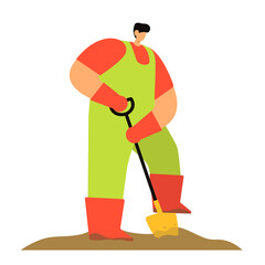 A gardener in green overalls and an orange T-shirt is dripping a hole with a shovel. Stylish vector illustration in flat cartoon style. Gardening. Summer.