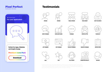 Testimonials thin line icons set: user opinion, group opinion, focus group, rate service in app, positive and negative feedback, review, voting.  Pixel perfect, editable stroke. Vector illustration.