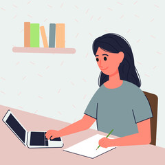 A young cheerful girl studies at home using a laptop. Study. School. University. Work. Freelance. Vector illustration in flat cartoon style.