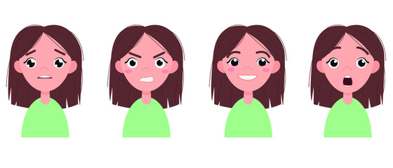 Set of different emotions of the girl. Cute girl in a green T-shirt on a white background. Sadness, anger, joy, surprise. Vector illustration in flat cartoon style.