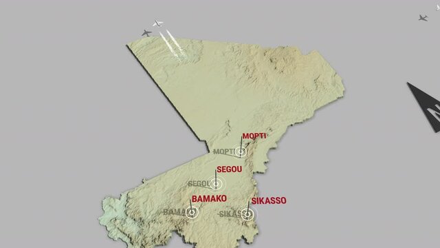 Seamless looping animation of the 3d terrain map of Mali with the capital and the biggest cites in 4K resolution