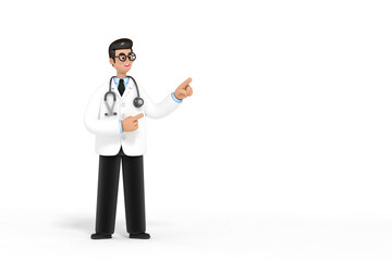 3d Doctor of medicine gloves points up with his finger on white background 3d rendering. 3d illustration Medical insurance template, hospital, medical healthcare concept.