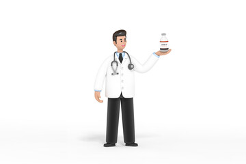 3d Doctor or pharmacist cartoon character held a bottle of Coronavirus, Covid-19 Vaccine on hand 3d rendering. 3d illustration Vaccination clinical research, hospital, medical healthcare concept.