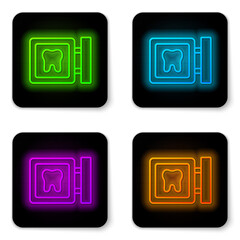 Glowing neon line Dental clinic location icon isolated on white background. Black square button. Vector