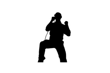 Silhouette of a male rock singer with a microphone on a white background.