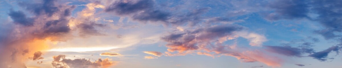 Dramatic panorama sky with cloud on sunrise and sunset time. Panoramic image.